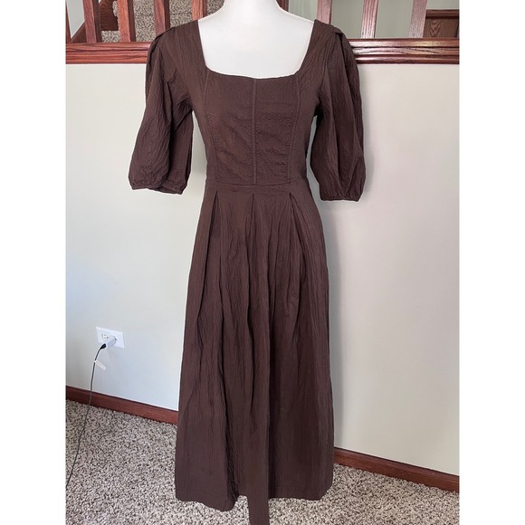 a new day Dresses & Skirts - A New Day Brown Seersucker Puff Sleeve Midi Dress Smocked Back Square Neck Small